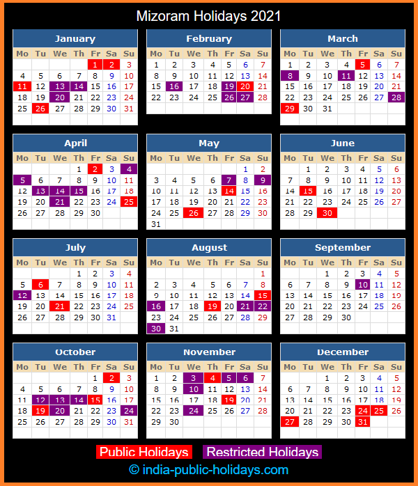 Mizoram Holiday Calendar 2021